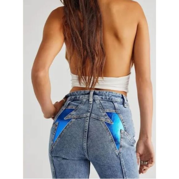 New Free People Wee The Free Thunderbird Flare Jeans Size 33 Blue - Picture 4 of 9
